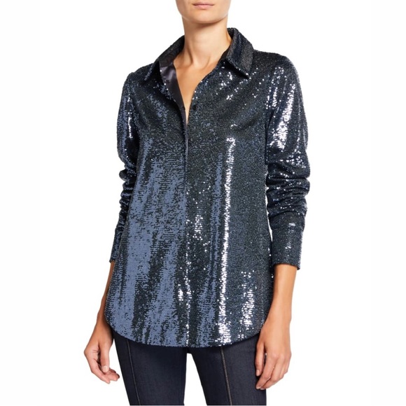 Cinq a Sept Onyx Isha Sequined Button Down Top NWT - Picture 2 of 13
